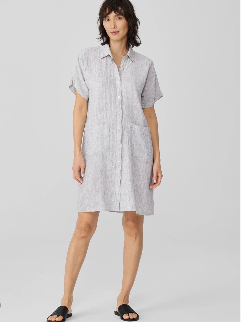Eileen fisher organic linen grey striped shirt dress